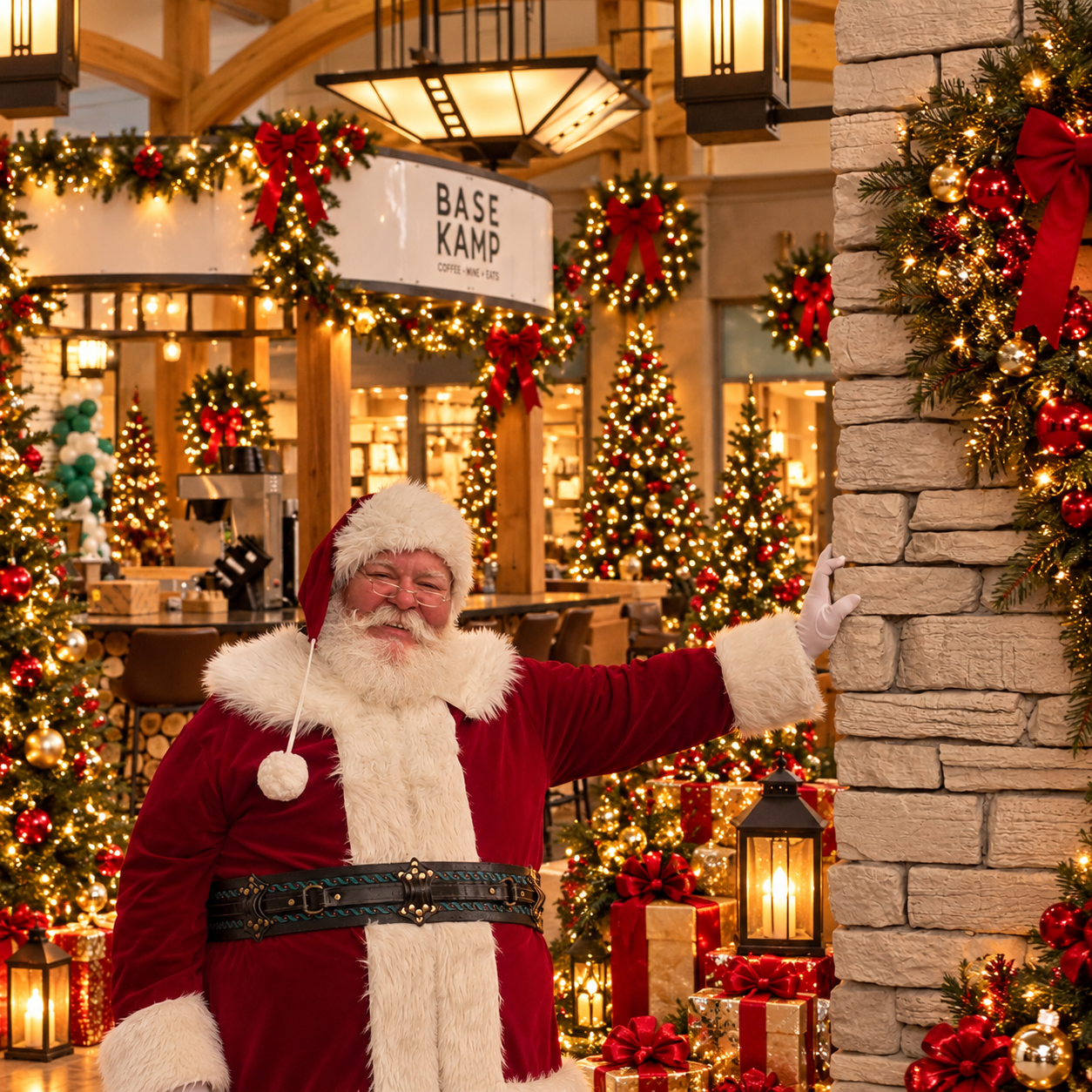 Santa Claus leaning against a stone wall outside the festively decorated Base Kamp coffee shop